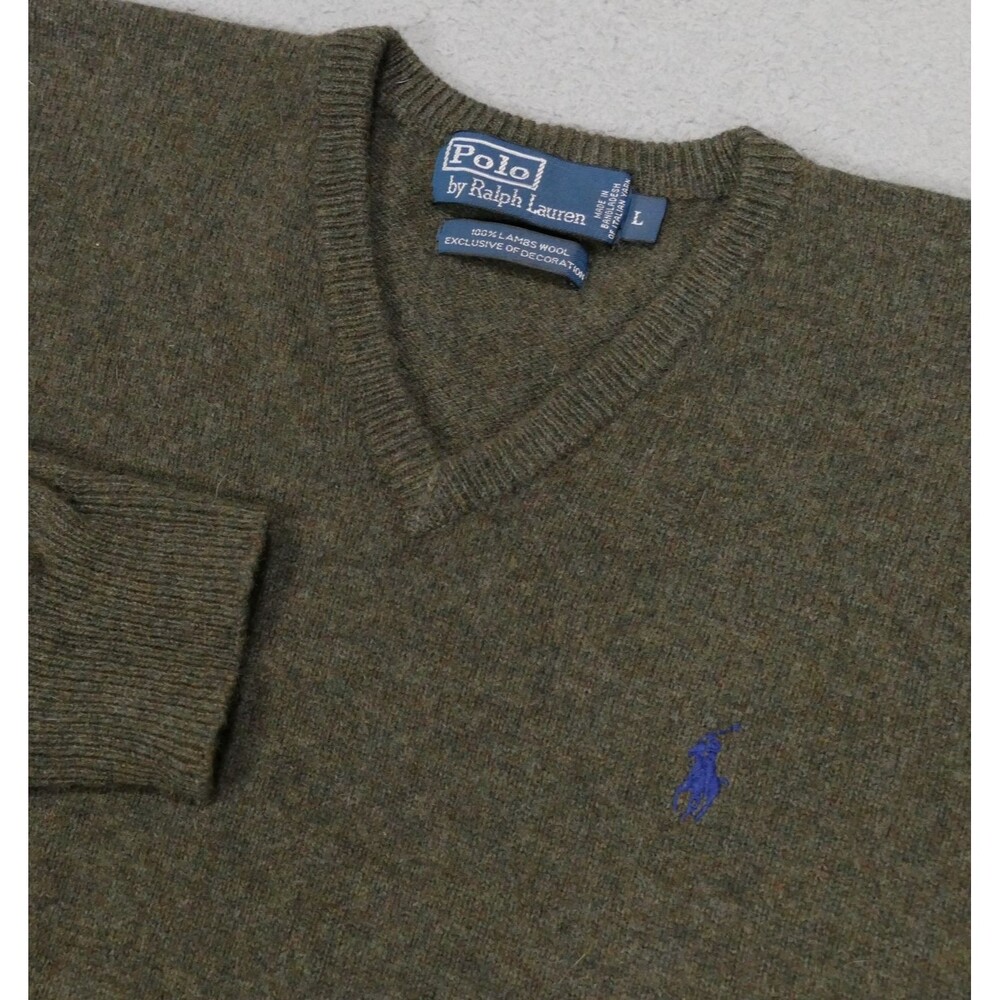 Polo Ralph Lauren Lambs Wool V-neck Sweater Men Large Olive Green Long Sleeve